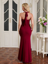 Halter Ruched Split Thigh Mesh Maxi Dress